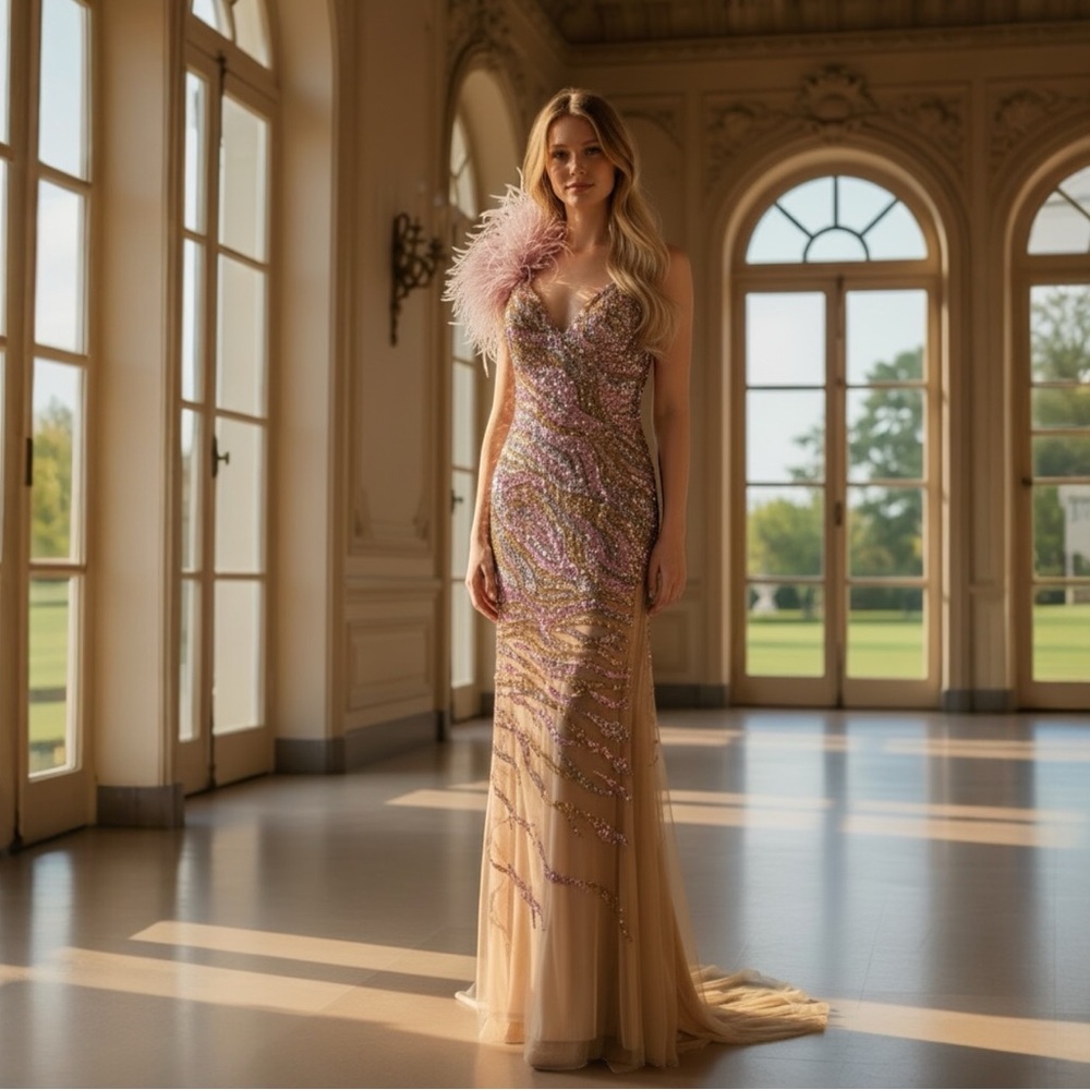 NWT Jovani Rhinestone & Sequin Embelished Pink Silver Gold Tan Maxi Dress Size 4 - Picture 4 of 7